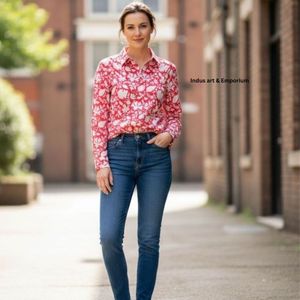 เสื้อเชิ้ตผ้าคอตตอนเนื้อนุ่มสำหรับผู้หญิงเสื้อพิมพ์ลายบล็อกมือสไตล์อินเดีย - Product Image 1