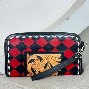 Custom Genuine Tooled Checkered Leather Zipper Wallet Western Style Floral Diamond Pattern Wristlet <b>Clutch</b> Purse for Women - Product Image 1