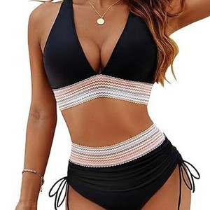 Maillot de bain 2 pièces noir pour femme, haut court à col en V profond, short taille haute avec bordure rayée, ensemble bikini en spandex et polyester - Product Image 3
