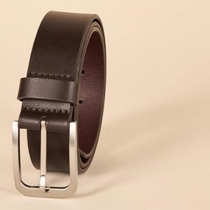 Ceinture en cuir véritable marron, couleur unie, boucle à ardillon rectangulaire argentée, style formel, durable, ceinture habillée pour homme - Product Image 1