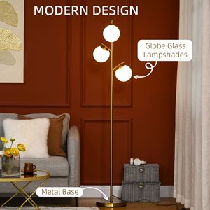 Lampada da Terra Moderna a LED Dorata con 3 Luci per Soggiorno, 27,3x27,3x168,5 cm, Paralumi Bianchi e Rosa a Globo, Design a Albero - Product Image 4