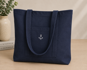 Sac fourre-tout en toile marine avec broderie d'ancre blanche, style minimaliste, sac de shopping toutes saisons - Product Image 1
