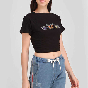 T-shirt court noir pour femme, manches courtes, col rond, broderie papillon, décontracté, été, coupe ajustée, 100% coton jersey - Product Image 4