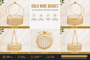 Golden Metal Wire Storage Basket Circle Shape With Bird Handle Elegant Home Decor Organizer for Kitchen and Living Space - Product Image 4