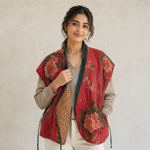 Chaleco Acolchado Reversible de Algodón con Estampado Floral BOHOBI para Mujer, Chaleco sin Mangas con Estampado Vintage, Chaleco Acolchado Étnico Boho - Product Image 1