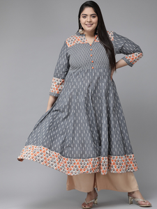 Kurti Anarkali en coton grande taille pour femme, avec motif gris imprimé Ikat, col mandarin et manches trois quarts - Product Image 1