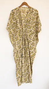 Vintage <b>Boho</b> Floral Block Print White Kaftan <b>Dress</b> With Tie Back Loose Fit Short Sleeve Cotton <b>Summer</b> Long <b>Dress</b> - Product Image 3