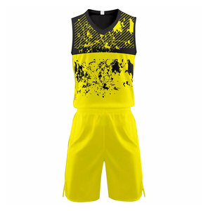 Ensemble de maillot de basket-ball jaune pour hommes, col en V, sans manches, respirant, imprimé par sublimation, uniforme sportif pour adultes - Product Image 1