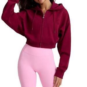 OEM personnalisé à manches longues sweat à capuche léger en coton éponge fermeture éclair haut surdimensionné femmes entraînement gym vestes à capuche courtes - Product Image 2
