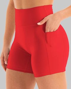 Shorts de motard taille haute rouges pour femme, couleur unie, extensibles, avec poches, coupe classique, en tricot de spandex et polyester, écologiques - Product Image 1