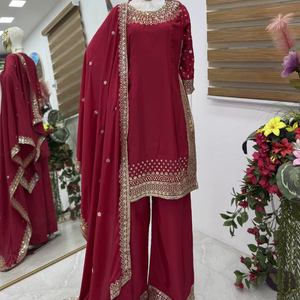 Série New Designer Party Sharara Suit & Dupatta Set TISSU Crêpe Naturel INER LINE Micro Silk WORK - Product Image 1