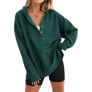 Sudadera informal de mujer personalizada 2025 de manga larga oversize con botones, cuello en V y abertura lateral, estilo jersey de moda - Product Image 4