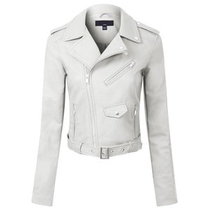 White Knitted Leather Motorcycle <b>Jacket</b> for <b>Women</b> Regular Windproof Zipper Collar Long Sleeve Custom Logo <b>Spring</b> Autumn Winter - Product Image 4