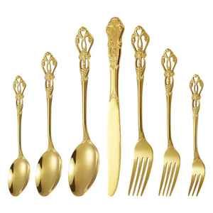 Luxury Gold Stainless Steel Cutlery Set Vintage Engraved Handle <b>Flatware</b> Fork Spoon Knife Royal Dinnerware Tableware - Product Image 1