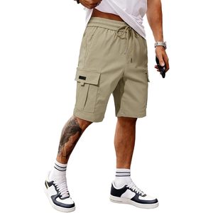 2025 Men's Casual <b>Stretch</b> Cargo <b>Shorts</b> Classic Drawstring Elastic Waist Summer <b>Work</b> <b>Shorts</b> Multi-Pockets Plain Dyed Logo - Product Image 1