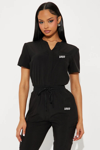 Ensemble de blouses médicales noires pour femmes, manches courtes, col en V, deux poches, uniforme d'hôpital, tissu tricoté en coton et polyester - Product Image 4