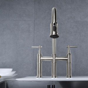 Rubinetto da Cucina Classico a Doppia Maniglia Estraibile in Acciaio Inox 304 Lucidato e Spazzolato e Ottone, con Installazione a Incasso - Product Image 2