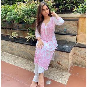 DESIGNER RAYON CHAÎNE COUDU TRAVAIL KURTI AVEC PALAZZO BLANC - Product Image 1