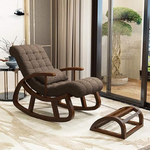 Ergonomic wooden rocking lounge chair <b>with</b> grid-tufted brown fabric padding and matching footrest <b>stool</b>, at wholesale prices. - Product Image 1