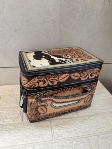 Handcrafted Hand Tooled Leather Stylish Makeup Cosmetic <b>Storage</b> Box Handmade Toiletry Travel Bags for Women Organizer Box - Product Image 2