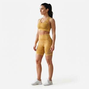 Women Mustard <b>Yellow</b> Acid Wash Yoga Set Sports <b>Bra</b> High Waist Biker Shorts Gym Fitness Workout Activewear - Product Image 4
