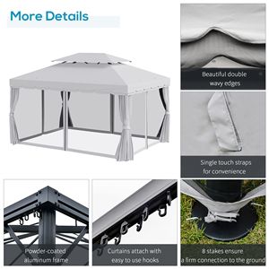 Gazebo da Giardino 10x13 con Telaio in Alluminio, Tetto in Poliestere a 2 Livelli con Rete, Pergola Portatile in Legno Grigia per Esterni - Product Image 5
