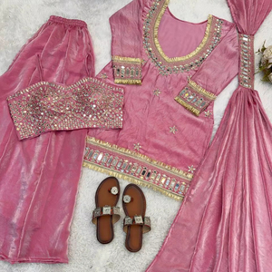 ชุดเสื้อและกางเกงขายาวผ้าไหมแท้ปักลายกระจกสไตล์บอลลีวูด พร้อมขอบลูกไม้และผ้าคลุมไหล่ วางจำหน่ายแล้ว - Product Image 1