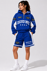 Ensemble court unisexe bleu en nylon Discover-Impex, veste à capuche zippée avec empiècements contrastants et short de survêtement imprimé graphique, style streetwear - Product Image 2