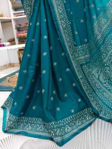Blaue Kantha-Gestickte Seidensaree aus Bangalore, ASHMITA'S KOLLEKTION, Bodenlange Traditionelle Ausführung, Schnelltrocknend & Knitterfrei - Product Image 4