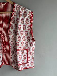Floral <b>Quilted</b> Cotton Vest Reversible Striped <b>Pattern</b> Short Sleeve <b>Jacket</b> for Women Spring GIFT FOR HER - Product Image 5