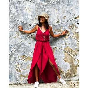 Robe longue maxi bohème rouge pour femme avec fente avant, sans manches, col en V, idéale pour l'été et les vacances à la plage - Product Image 1
