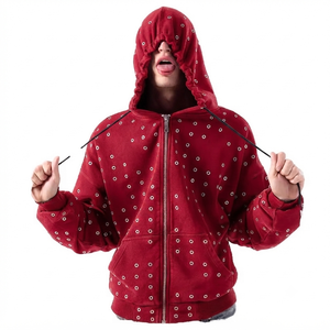 Sweat-shirt à capuche zippé surdimensionné rouge unisexe en polaire avec strass, impression numérique, color block, polyester/coton respirant - Product Image 1
