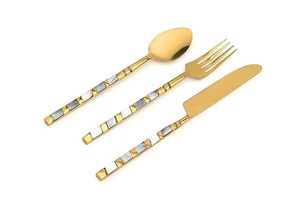 <b>Gold</b> Plated Dinner Spoon Set With Marble Handle Glamorous Wedding Tableware Durable <b>Mirror</b> Finish <b>Long</b> Handle Cutlery - Product Image 2