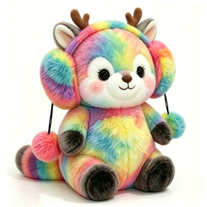 Orejeras de pompón personalizadas con diseño de ciervo de peluche, suaves orejeras de pompón de ciervo de peluche con efecto tie-dye arcoíris, temática de bosque arcoíris - Product Image 3
