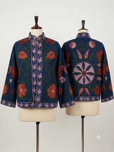 <b>Mens</b> Navy Blue Suzani Embroidered <b>Jacket</b> Traditional Uzbek Inspired Floral Outerwear Handmade Artisan Folk Art Coat with Pink - Product Image 5