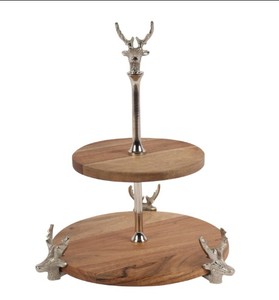 Support de service en bois à 2 niveaux de luxe avec motif cerf – Présentoir décoratif pour desserts, gâteaux et décoration de table - Product Image 1