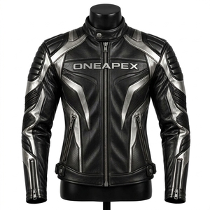 Men <b>Black</b> Leather Stand Collar Zipper <b>Jacket</b> Motorcycle Racer <b>Jacket</b> Custom Motorcycle Leather <b>Jacket</b> Wholesale Manufacturer - Product Image 1