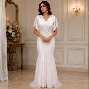White <b>Sequin</b> Embellished Evening Gown Elegant V Neck Flutter Sleeve Maxi Dress Women Wedding Party Formal Occasion Bridal Wear - Product Image 2