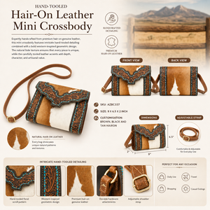 Hand Tooled Hair On Leather Mini Crossbody Bag Western Cowhide Sling <b>Purse</b> | Handmade Boho Style OEM Export India 2026 For Women - Product Image 4