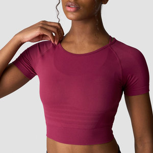 Custom Loose Breathable Women Yoga <b>Top</b> High Stretch Spandex/Nylon Solid Color <b>Crop</b> <b>Top</b> Short Sleeve Sportswear T-Shirt - Product Image 3