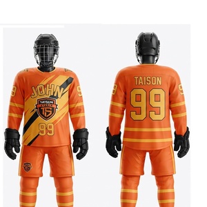 เสื้อฮอกกี้น้ำแข็งแบบยูนิเซ็กซ์ ผ้าโพลีเอสเตอร์ตาข่ายพรีเมียม 240 GSM สีส้มทอง พิมพ์ลายโลโก้ทีมตามสั่ง ชุดกีฬาพร้อมกางเกงขาสั้น - Product Image 1