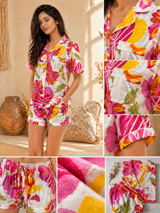 Conjunto de Pijama Floral con Estampado a Mano para Mujer, 100% Algodón, Camisa de Manga Corta y Pantalones Cortos, Conjunto Informal Hecho a Mano - Product Image 4