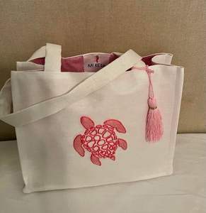 Bolso de Mano de Lino Bordado con Tortuga Marina Rosa, Bolso de Hombro de Gran Capacidad, Bolso de Viaje para Mujer, Bolso de Lona con Borlas para Vacaciones de Verano en la Playa - Product Image 1