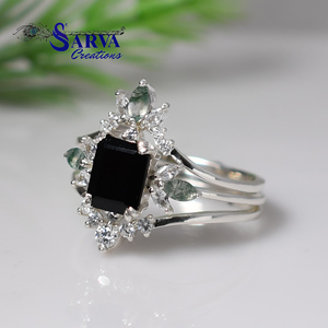 SARVA Creations 925 Silver Trio Bands Zirconia <b>Ring</b> With <b>Black</b> Onyx Stone Vintage Flower Design Prong Setting Classic Style - Product Image 6