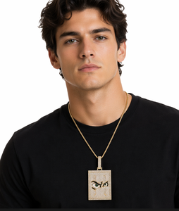 Collar con colgante rectangular de diamantes de agua dulce en tono dorado, con ojo verde, estilo hip hop, cadena de joyería para fiestas infantiles unisex - Product Image 3