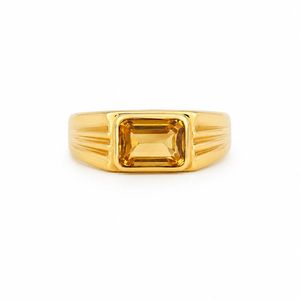 Solid 18K Gold <b>Mens</b> Signet <b>Ring</b> with Emerald Cut Yellow Citrine Gemstone High Polish Classic Statement Wedding Party Gift <b>Ring</b> - Product Image 1