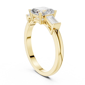 Anillo de compromiso de oro amarillo con corte Asscher y tres piedras, con piedras laterales en forma de baguette, elegante anillo de promesa nupcial solitario - Product Image 3