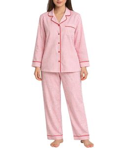 Ensemble de pyjama pour femmes en gingham rose personnalisé, manches longues, boutonné, vêtements de nuit en coton doux, ensemble de vêtements de détente en deux pièces - Product Image 1