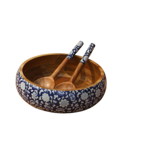 Ensemble de saladiers en bois de manguier de qualité supérieure avec des ustensiles assortis, élégants bols de service à imprimé floral émaillé pour la maison et les restaurants - Product Image 1