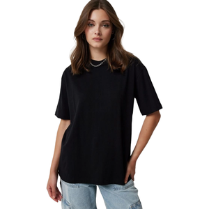 Camiseta negra para mujer, cuello redondo, manga corta, algodón, cómoda, transpirable, informal, básica para el día a día - Product Image 1